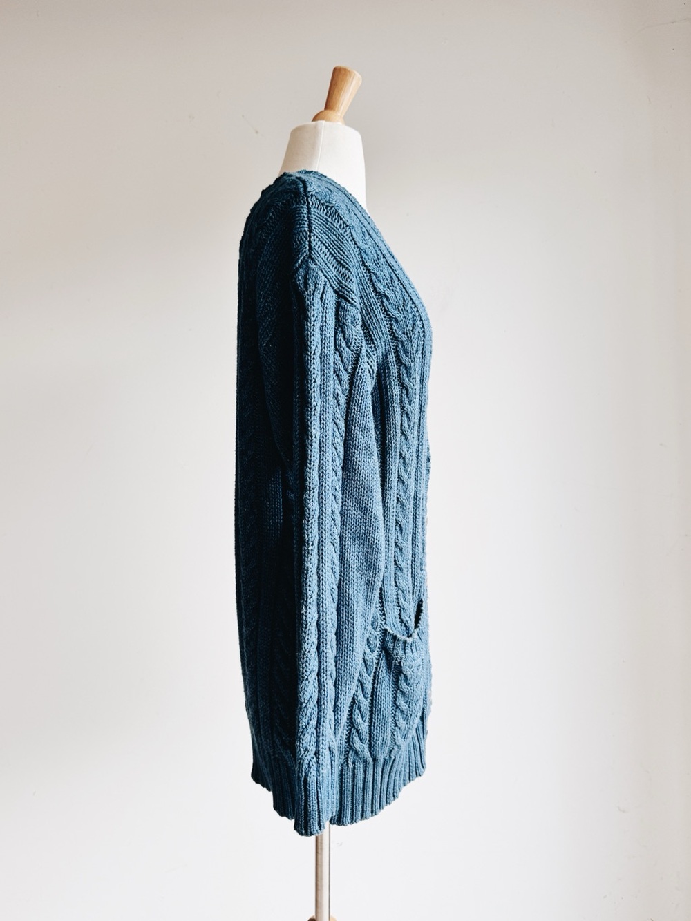 Vintage Lizwear Blue Cable Knit Linen Cotton Long Cardigan Sweater M - Picture 4 of 7